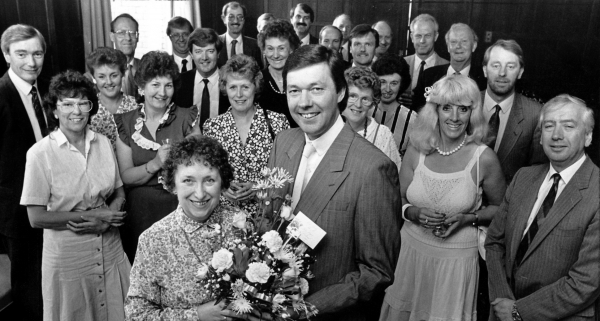 RETIREMENT - NELLIE BOOTH SAYS FAREWELL TO COLLEAGUES AT FIRTH&#039;S CARPETS - 1990S